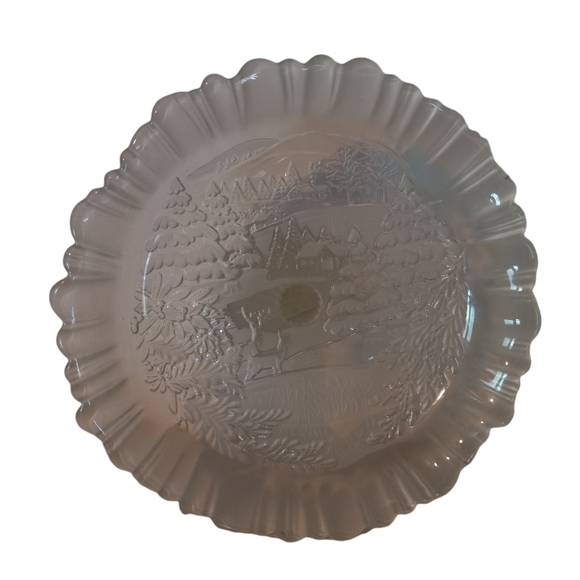 Frosted Glass, Winter Woods Pedestal Dish, Ruffled Edge, Fluted Base, Winter Sce - Picture 3 of 7